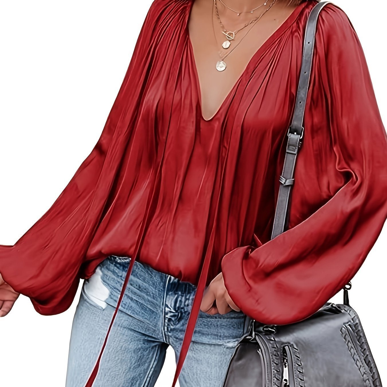 Women's Satin V-neck Long Sleeve Shirt Casual
