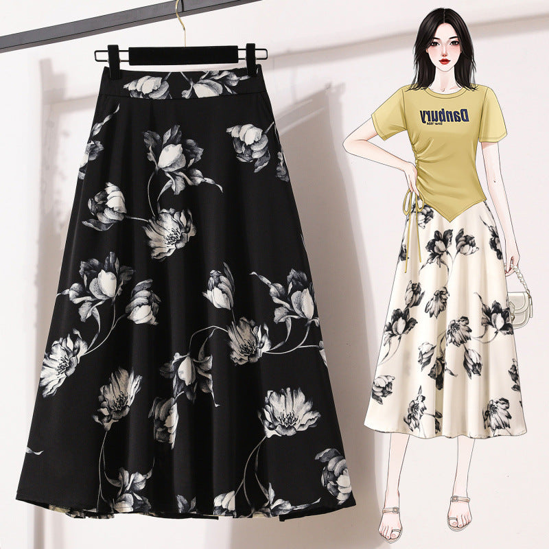 Plus Size Ice Silk Chiffon Women's Fashion Ink Painting Printing High Waist Skirt