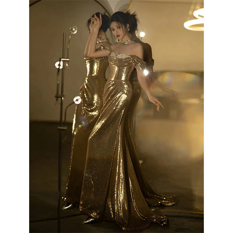 Women's Gold Off shoulder Bridal Fishtail Dress