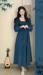 National Style New Chinese Style Spring And Autumn French Retro Elegant Slim Square Collar High Waist Skirt