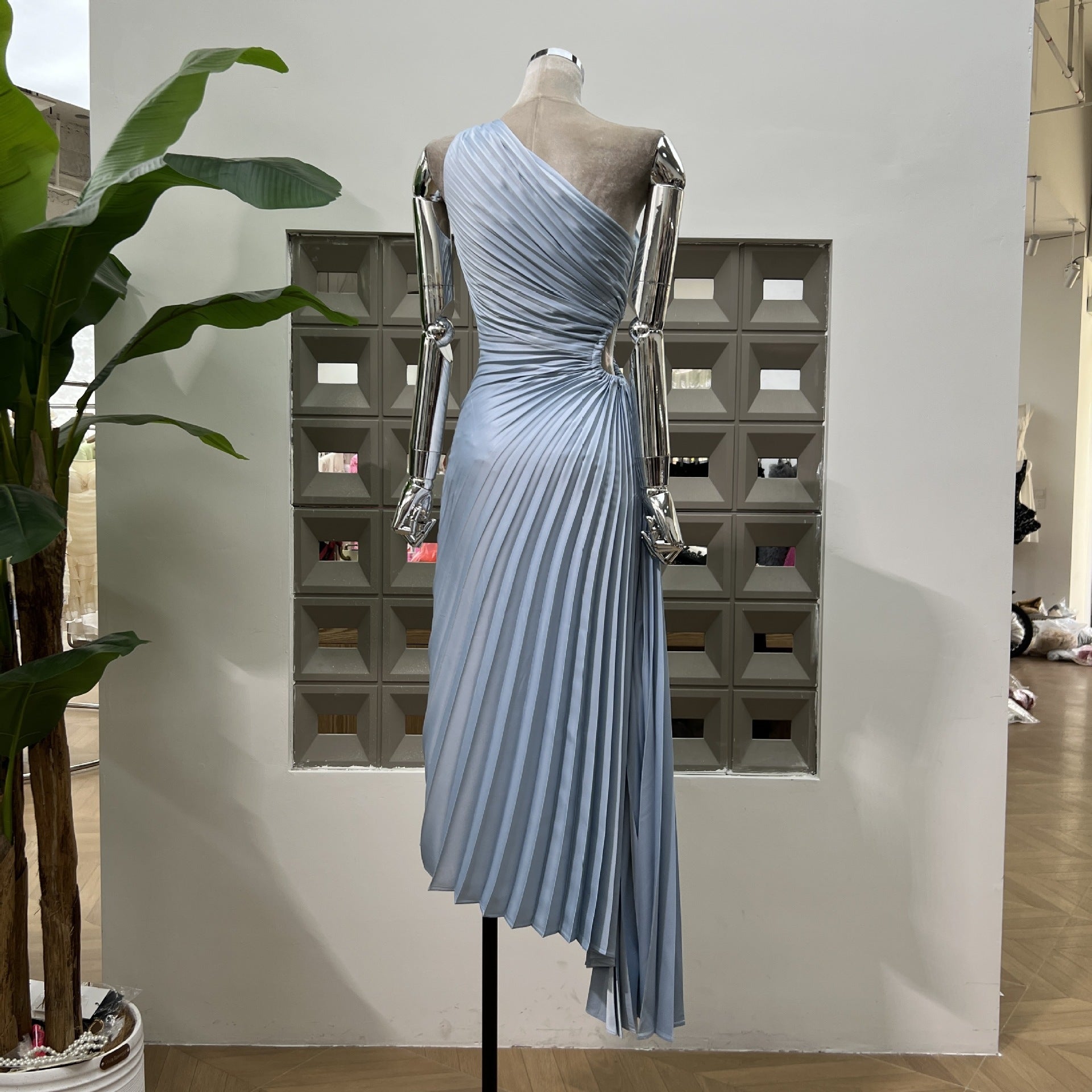 One-shoulder Pleated Hollowed-out Midriff Outfit Irregular Skirt For Women Dress